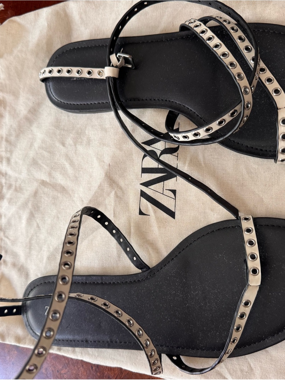 Zara Black and White Eyelet Lace-Up Flat Sandals
